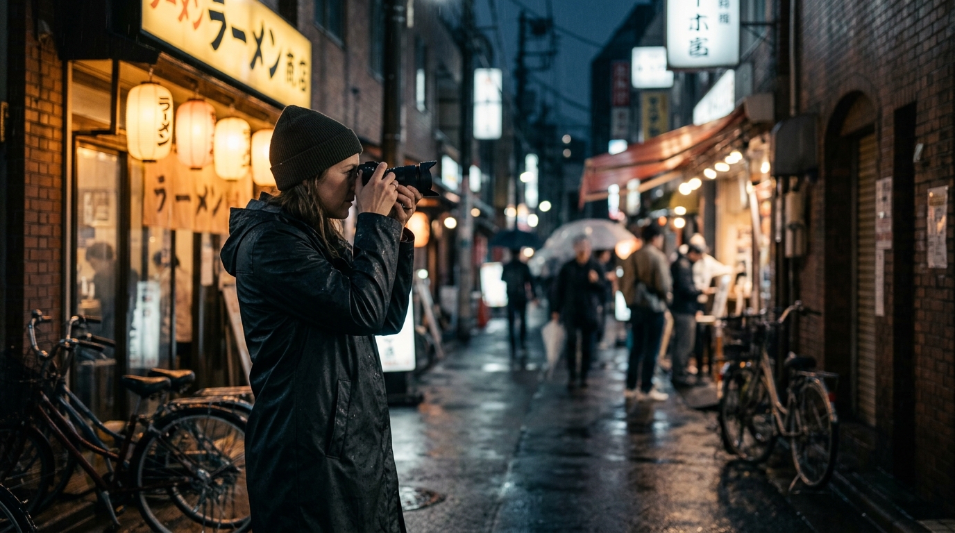 A photographer working in a city at night